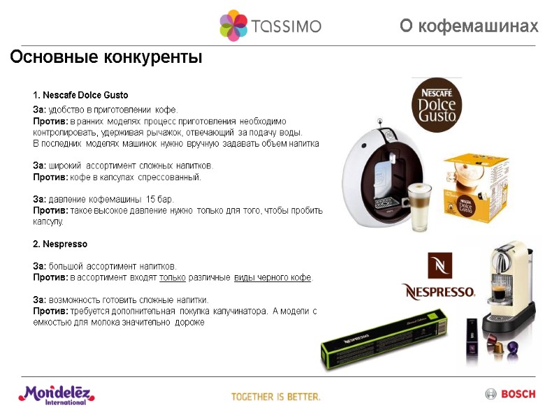 Основные конкуренты 1. Nescafe Dolce Gusto За: удобство в приготовлении кофе. Против: в ранних